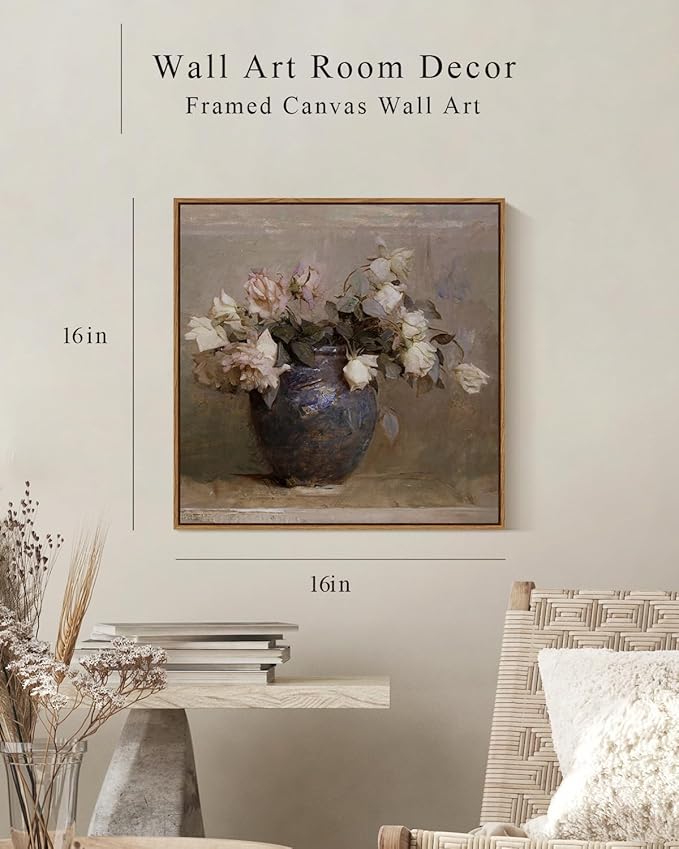 InSimSea Square Framed Canvas Wall Art, Flowers Prints Farmhouse Classical Floral Rose in Vase Pictures Wall Decor, Vintage Canvas Paintings Wall Decor for Living Room, Bathroom Kitchen 16"x16"