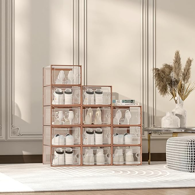 Kuject X-Large Shoe Storage Boxes Organizers for Closet 12 Pack, Fit Size 11,Clear Plastic Stackable Sneaker Containers for Entryway, Space Saving Shoe Rack,Substitute for Drawer Organize Unit, Brown