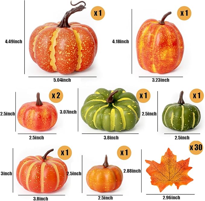 DomeStar 38PCS Fake Pumpkin Set, 8PCS Pumpkins for Decorating with 30PCS Maple Leaves Fall Harvest Decorations for Home, Thanksgiving Table Centerpieces and Halloween Decor