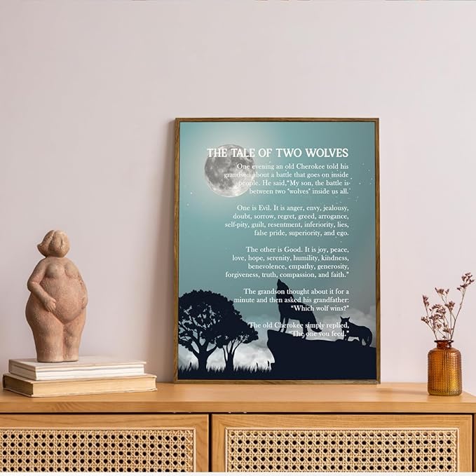 The Tale of Two Wolves, Framed Wolf Wall Art, Framed Canvas Wall Art Inspirational Quote Decor, Wolfs Décor, Wolfish Gifts, wolfish Canvas Décor (Blue)