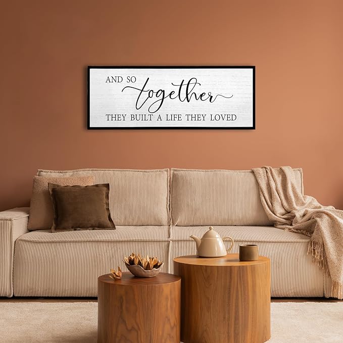 And So Together They Built A Life They Loved Wall Decor 40”X15” Rustic Master Bedroom Large Wood Framed Sign Above Bed Modern Farmhouse Quotes Couple Wall Art Over Bed Hanging Decoration (Black)