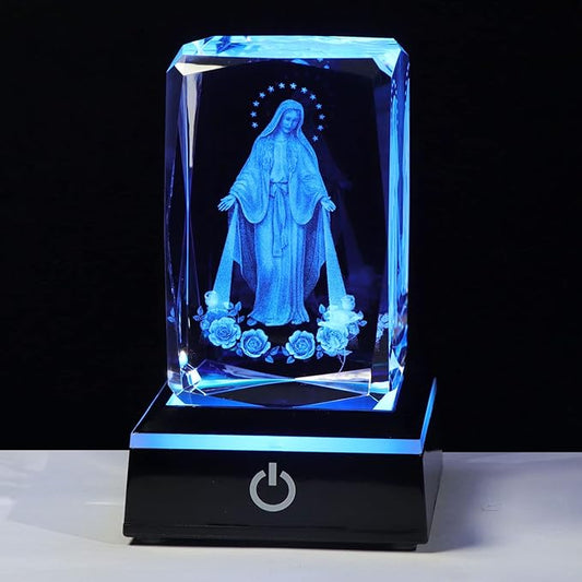 Movdyka 3D Crystal Virgin Mary Statue Religious Gifts for Women Men Christian Laser Engrave Religious Figurine Christmas Ornaments Decor with Colorful LED Base Catholic Gifts Women Friends Faith