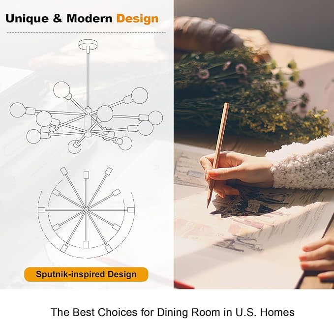 33" Modern Chandelier Ceiling Light Fixture, 12-Light Sputnik Chandeliers Brushed Nickel Mid Century Chandelier Over Table, Height Adjustable Chandeliers for Dining Room Living Room Kitchen Island