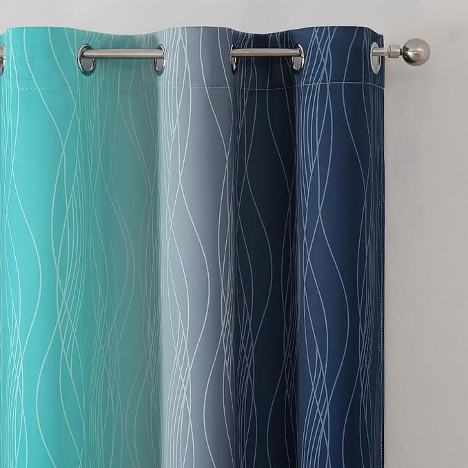 Estelar Textiler Navy Blue and Teal Blackout Curtains for Living Room, Full Room Darkening Grommet Ombre Curtains for Bedroom, Thermal Insulated Light Blocking Gradient Drapes, 42Wx72L, 2 Panels