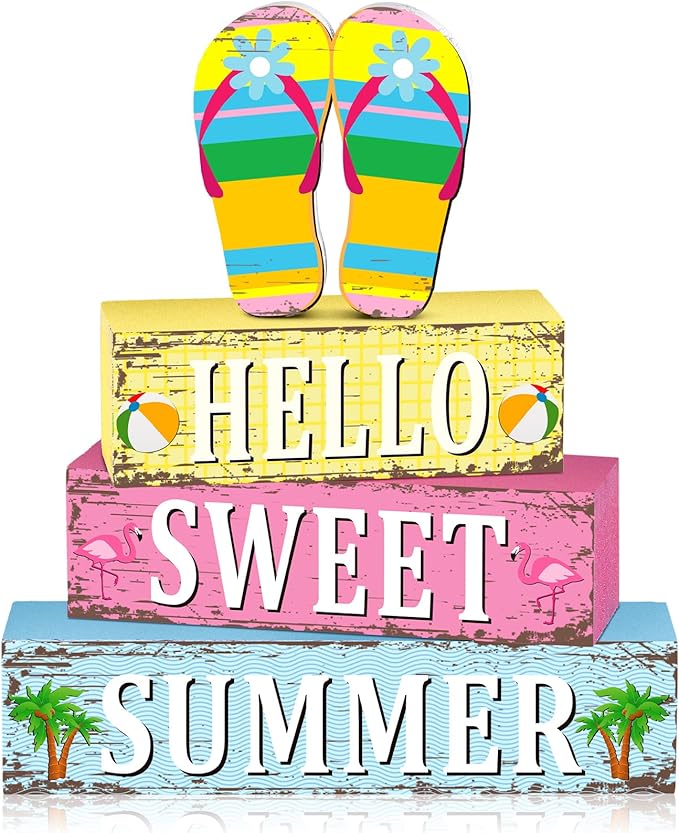 Geelin 4 Pcs Summer Decorations Wooden Sign Hello Summer Flip Flop Table Centerpiece Tiered Tray Decor Beach Farmhouse Blocks Table Top Sign for Home
