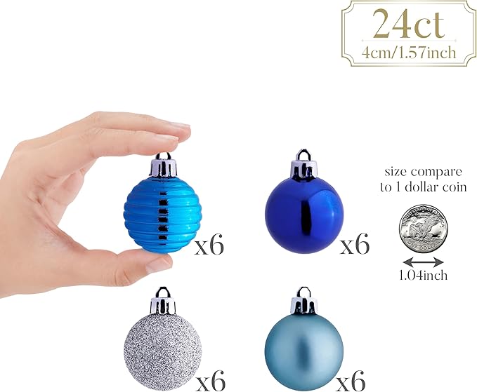 Valery Madelyn 1.57 Inches Small Christmas Tree Decorations Ornament Set for 4th of July Fall Halloween, 24ct Navy Blue and Silver Shatterproof Hanging Ball Ornaments Holiday Party Decor