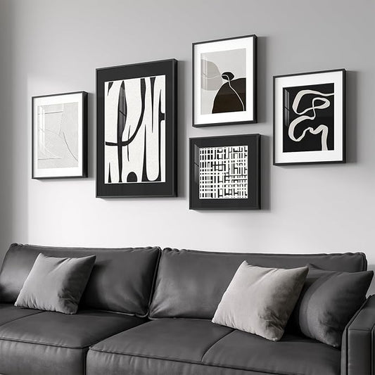 Framed Black and White Abstract Wall Art for Living Room, 5 Piece Modern Art Prints Paintings Artwork for Walls, Minimalist Pictures for Hallway Fireplace Dining Bedroom Office Bathroom Wall Decor