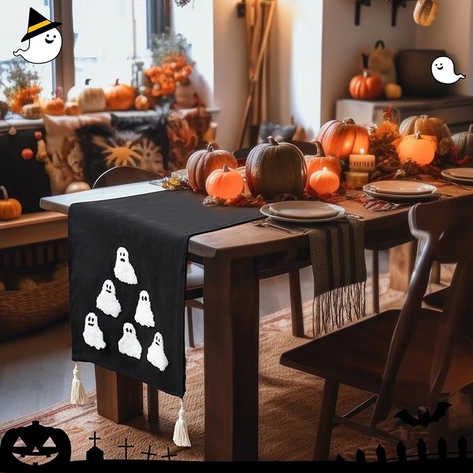 Breling Halloween Ghost Table Runner Jacquard Cute Ghost Halloween Dinner Table Runner Fall Autumn Kitchen Dining Decoration for Kitchen Farmhouse Party Holiday Home Decor 13x72 Inch(Black)
