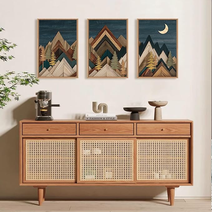 HPINUB Mountain Woodcut Style Framed Canvas Wall Art Set,Vintage Pine Tree Wall Decor, Nature Country Wilderness Forest Artwork,Modern Navy Blue Art Prints for Living Room,Bedroom,Farmhouse-16 x24 x3