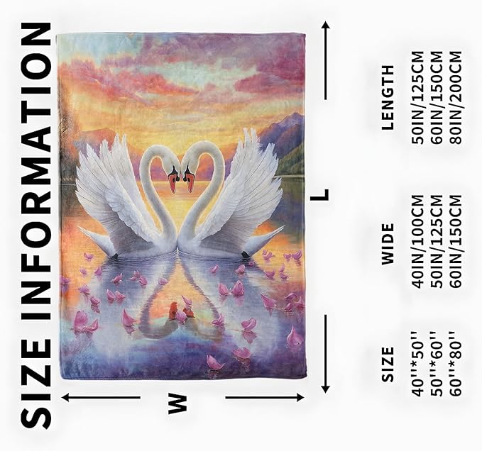 Couple Swan Blanket, Cozy Flannel Romantic Lake and Petal Blankets, All Season Soft Throw for Travel Home Decor, Lightweight Sofa Bed Throws, Valentine's Gifts for Women Adults, 50"×60"