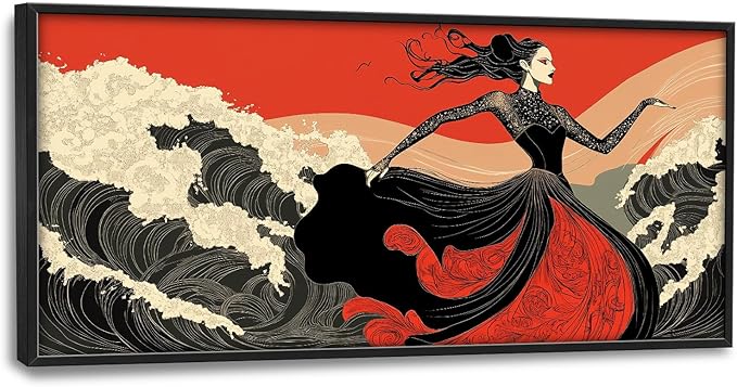 Flintis Large Black White and Red Dancer Framed Wall Art Woman Dancing Waves Pictures Wall Decor Abstract Canvas Painting Print Artworks Framed for Living Room Bathroom Master Bedroom 60L X 30W
