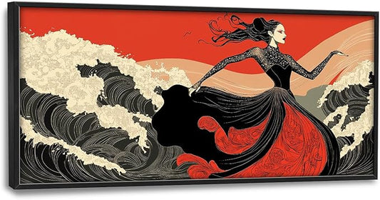Flintis Large Black White and Red Dancer Framed Wall Art Woman Dancing Waves Pictures Wall Decor Abstract Canvas Painting Print Artworks Framed for Living Room Bathroom Master Bedroom 60L X 30W