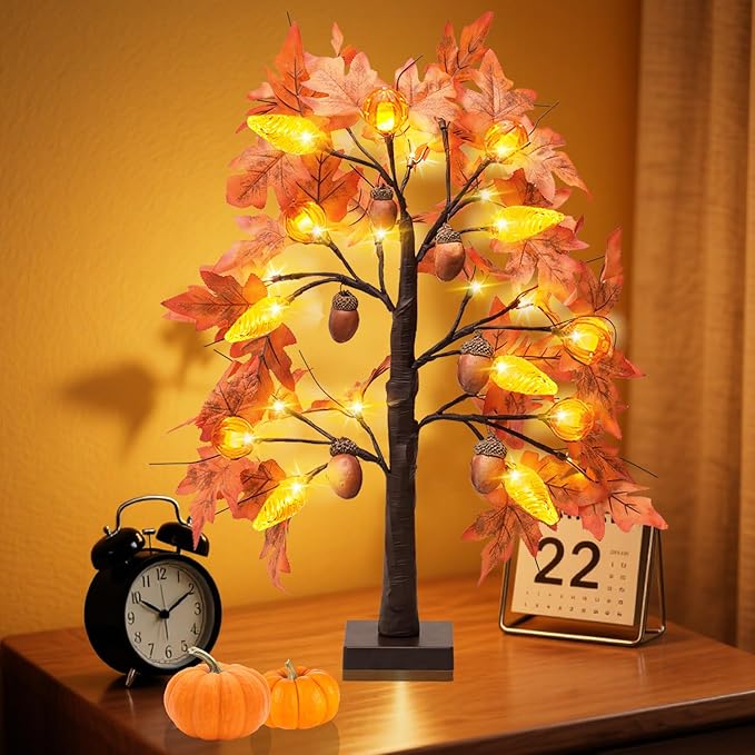 Fall Maple Leaf Table Lighted Tree - Thanksgiving Decorations 1 Pack Home Decor with 24 LED Lights for Indoor Outdoor Room Decoration Artificial Harvest Autumn Trees Battery Operated for Home Party