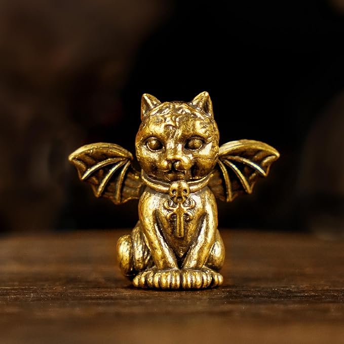 CHOVY Retro Handcrafted Evil Cat Sculpture - 100% Solid Brass Demon Cat Figurine with Wings & Fangs | Gothic Dark Fantasy Desktop Decor, Collectible Art Piece Unique Gift