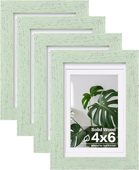 Egofine 4x6 Picture Frames Set of 4, Made of Solid Wood Covered by Plexiglass 3.5x5 with Mat or 4x6 without Mat, for Table Top Display and Wall Mounting Photo Frame Rustic Green