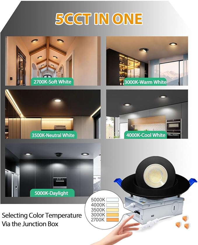 zouzai Second Generation 5CCT LED Gimbal Led Recessed Light with Junction Box, 360°+90° Adjustable Directional Eyeball Lighting, Dimmable, 2700K-5000K,ETL&Energy Star (Black 1 Pack, 4 inch)
