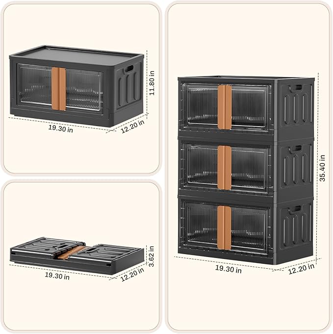 GCCSJ 33.6Qt Stackable Plastic Storage Boxes with Lids, Foldable Closet Organizers and Storage Containers with Wheels, Collapsible Storage Bins for Home Organization, 3 Pack Black