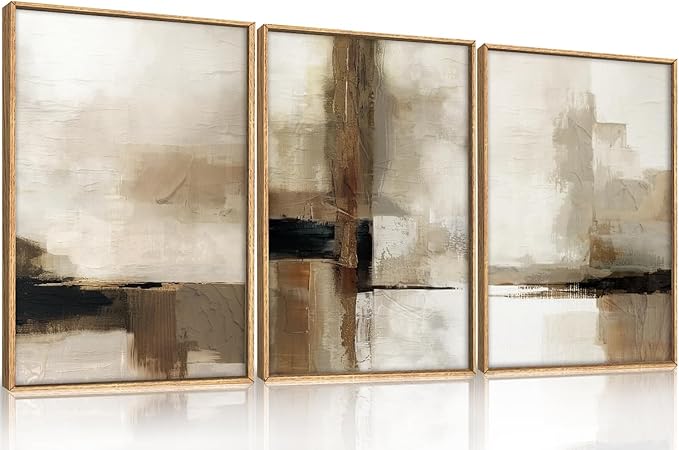 HOURIA Large Abstract Neutral Framed Canvas Wall Art Set,Brown Beige Wall Decor,Minimalist Black Wall Painting,Modern Brush Stroke Line Art Print for Living Room,Bedroom,Office- 16"x24"x3