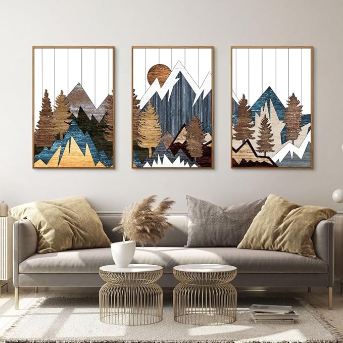 CHDITB Mountain Framed Canvas Wall Art Set of 3, 24"x36" Country Woodcut Style Wall Decor, Forest Nature Wilderness Wall Painting, Large Modern Art Prints for Living Room, Bedroom, Farmhouse, Office