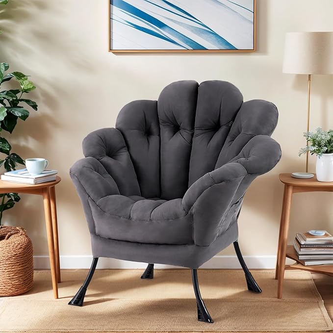 Lazy Chair, Modern Floral Reading Chair with Folding Footrest, Lounge Accent Chair, Comfortable Oversized Armchairs for Bedroom, Living Room, Courtyard, Dark Grey