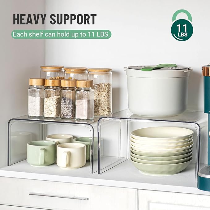 Clear Cabinet Organizer, Shelf Organizer Set of 2 for Kitchen Pantry Organizers and Storage, Display Cabinet Shelf Room Decor Countertop Desk Shelves, Patented Spice Organization for Cabinet