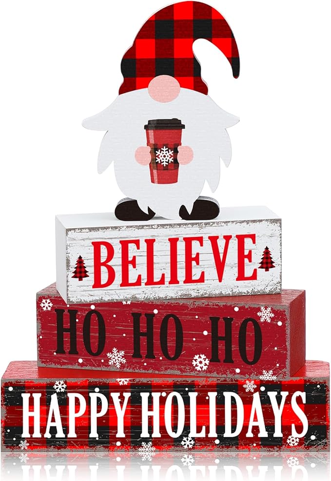 Geelin 4 Pcs Christmas Wooden Table Decorations Xmas Red and White Buffalo Plaid Signs Rustic Happy Holiday Tiered Tray Decor Xmas Gnome Tabletop Centerpieces for Home Desk Room Kitchen Shelf