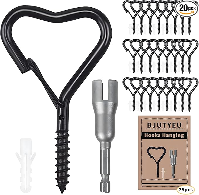 Lamp Wire Hook，Heart-Shaped Screw-in Wall Hooks for Outdoor Decor, Champagne Metal, Key Hook，Decorative Plant Hanging，Clothes Hook (Black, 25Pcs)