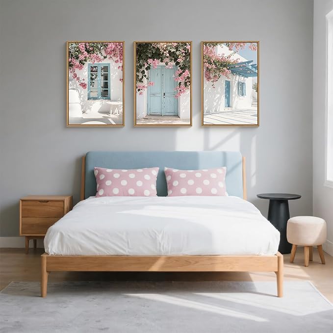 HOURIA Greek Island Street Framed Canvas Wall Art Set,Santorini Blue Doors Shutters Wall Decor,Coastal White House Pink Flower Artwork,European Cityscape Art Prints for Living Room, Bedroom-16 x24 x3