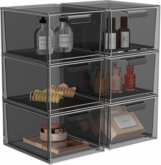 6 Pack Stackable Makeup Organizer and Storage, Acrylic Organizers，Clear Plastic Storage Drawer with Pull-Out Handles for Vanity, Undersink, Kitchen Cabinets, Pantry, Black