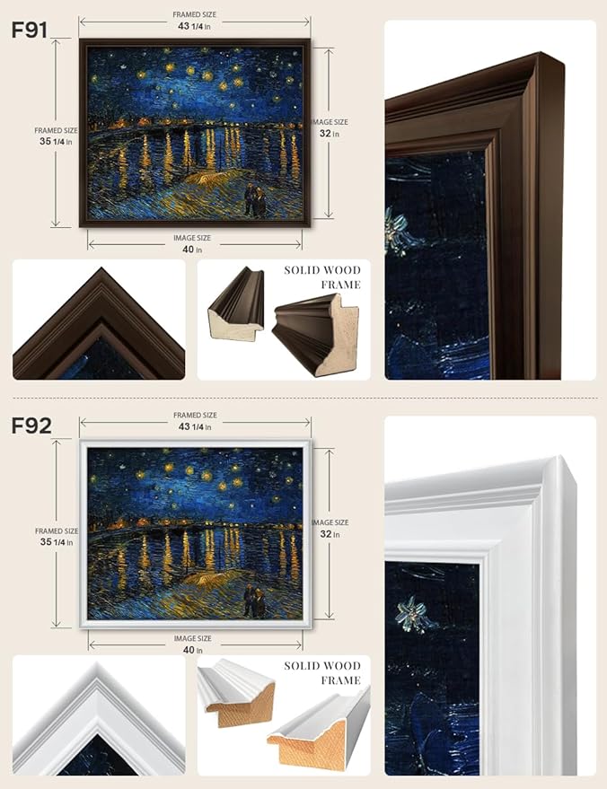 DECORARTS - Starry Night Over The Rhone by Vincent Van Gogh Art Reproduction. Oversize Solid Wooden Frame Matching with Giclee Prints Canvas Wall Art. Total framed size: 43x35
