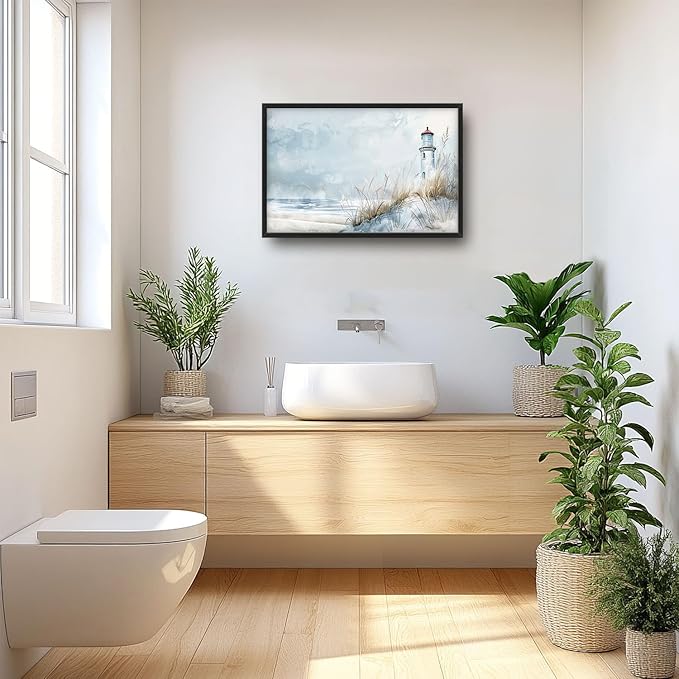 Flintis Large Lighthouse Wall Art Beach Lighthouse Pictures Wall Decor Abstract Nautical Canvas Painting Print Artwork Decoration Framed for Living Room Bathroom Master Bedroom 36L x 24W