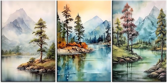 Forest Canvas Wall Art Home Decor 3 Piece Wooden Framed Landscape Watercolor Mountain Green Trees Painting Poster HD Picture Print Artwork for Bedroom Living Room Hotel Ready to Hang [48''Wx24''H]