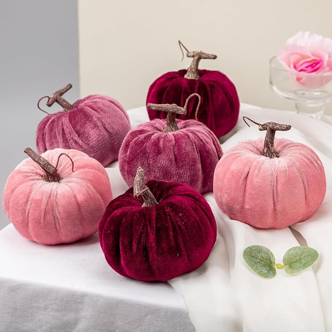 Briful Fall Pumpkins Decoration for Home, 6PCS Velvet Fake Pumpkin Decor for Autumn Harvest Thanksgiving Halloween Party Baby Shower Table Centerpiece Mantel Decoration(4 Inch, Purple/Burgundy/Pink)