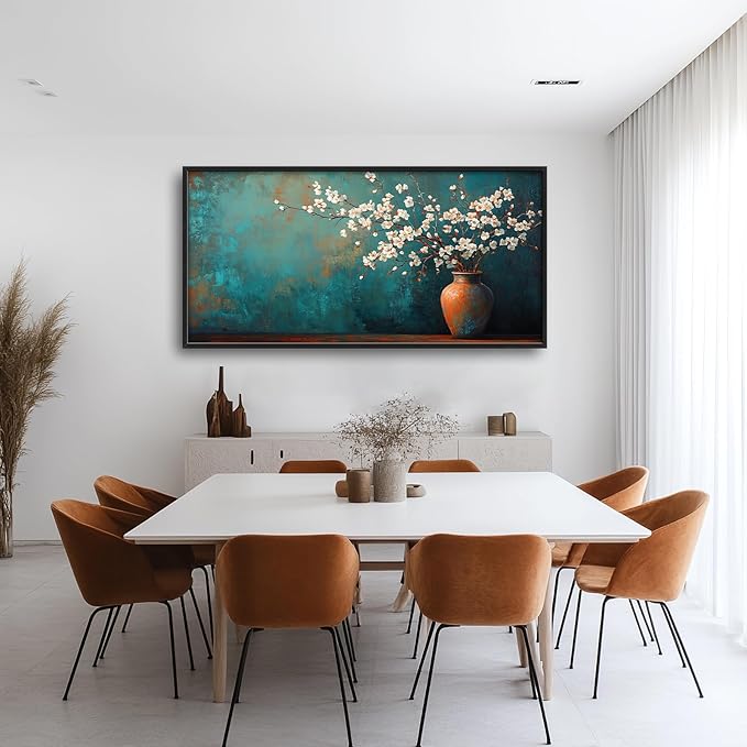 Teal Flowers Framed Wall Art for Living Room, Large Florals in Vase Canvas Wall Decor, Vintage Canvas Pictures Painting, Modern Artwork for Bathroom Bedroom 60L'' × 30W''