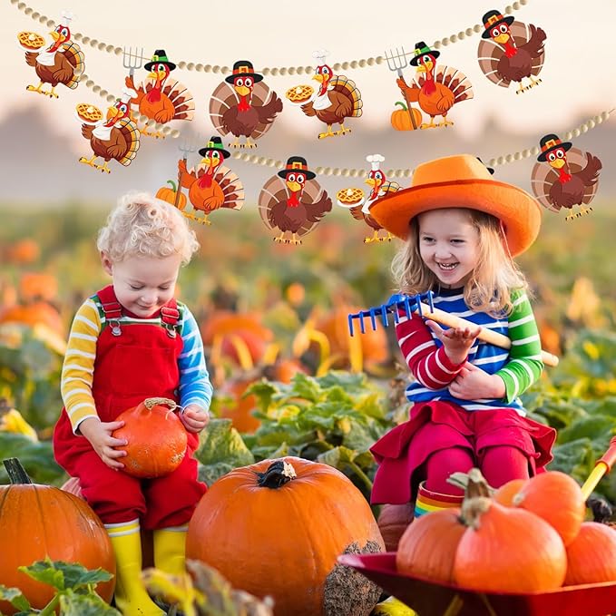 Doumeny 2Pcs Fall Thanksgiving Felt Garland with Wood Bead Thankful Felt Turkey Banner Garland Turkey Wood Bead Bunting Banner Happy Thanksgiving Hanging Bunting for Home Fireplace Harvest Party Decor