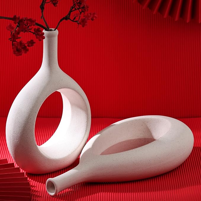 Off White Ceramic Hollow Elliptical Vase Set of 2 - Boho Circle Vase with Hole, for Modern Off White Table Decor, Living Room Decor Shelf mid Century Modern Home Entrance Decorative vase