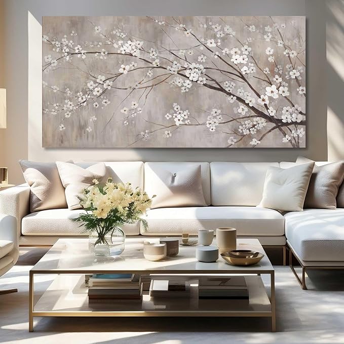 XIANSHOU Botanical Wall Decor Paintings Canvas Wall Art for Living Room White Flower Pictures Artwork Decorations for Bedroom Dining Room Office 29"x 58" Home Decor Ready to Hang