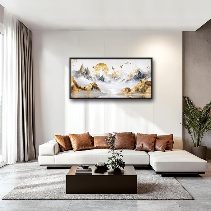 Extra Large Framed Abstract Mountain Wall Art,Golden Silver Sun Bird Wall Decor,Mountain Landscape Pictures for Living Room,Canvas Print Painting Modern Artwork Bedroom Office Bathroom 60L x30W