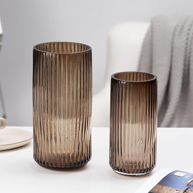 Flower Vase 9.7 inch Amber Thickened Hand Blow Glass Vase Round Vintage Striped Bottles for Bookshelf,Dinner Table,Indoor Office Desktop,Meeting Room,Bathroom,Home