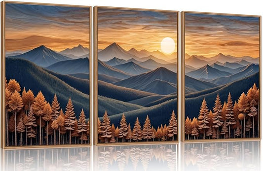 HOURIA Large Woodland Mountain Sunset Framed Canvas Wall Art Set,Wilderness Wooden Forest Landscape Wall Decor,Nature Botanical Artwork,Boho Pine Tree Art Print for Living Room,Bedroom- 16"x24"x3