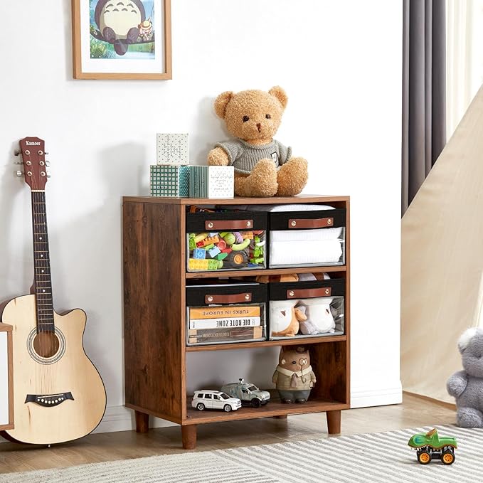 Medium Storage Baskets with Clear Window, See Through Closet Organizer with PU Handles, Linen Foldable Storage Bins for Organizing Clothes, Toys, Books (Black)