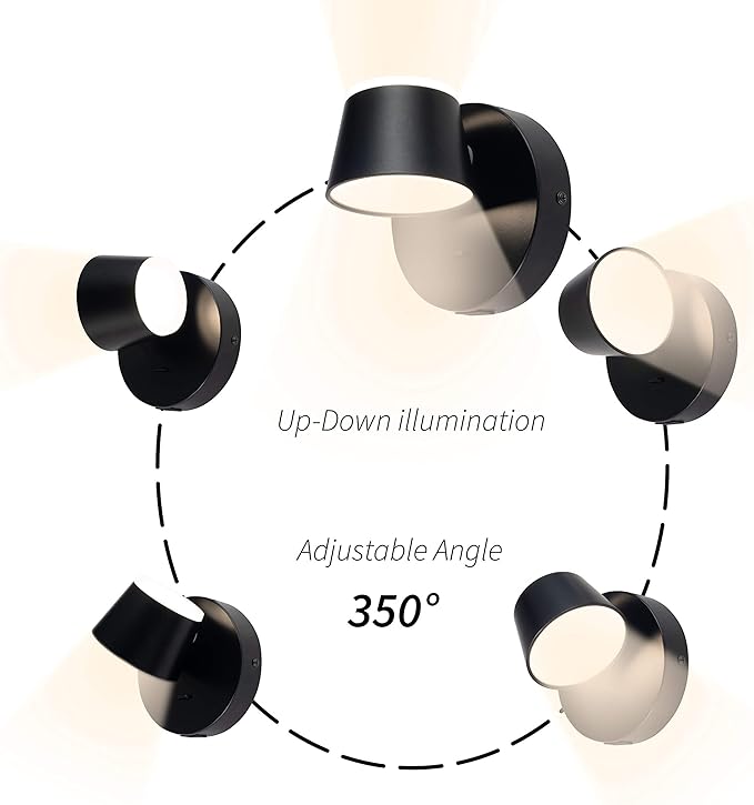 URSOLA Wall Light LED Wall Sconce with On/Off Switch USB Port 110 Volt Hardwired Wall Lamp 350 Rotatable Up Down Sconces Wall Lighting (Black)