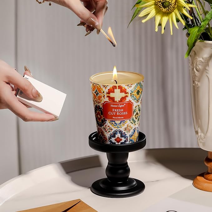 HomeLights Large jar Candle | 1-Wick Long-Lasting Scented Candles, 6.7oz Natural Soy Wax Candle for Home Scented, Bohemian Natural Textures Gifts for Women & Men, Fresh Cut Roses