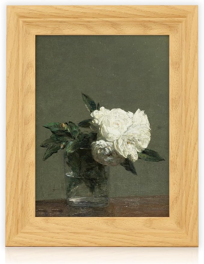 Brivoria Framed Canvas Wall Art Vintage Decor, White Roses in Glass Vase Realist Still Life Painting with Olive Green Background for Bedroom Bathroom Entryway Kitchen Decor, 8"x10"