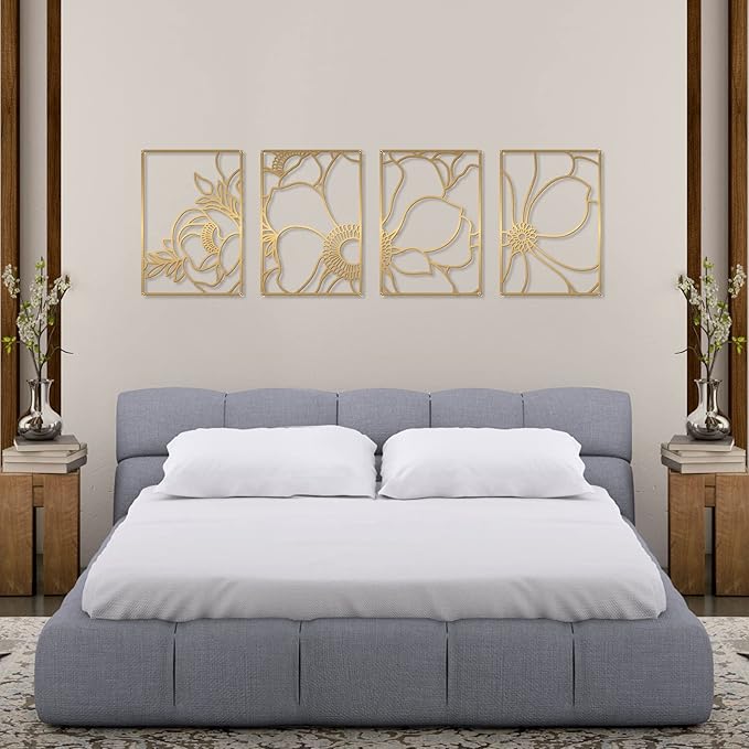 Glamativity 4 Pack Gold Wall Art, Flower Minimalist Single Line Art, Real Metal Nature Floral Abstract Wall Decor for Kitchen Bedroom Living Room