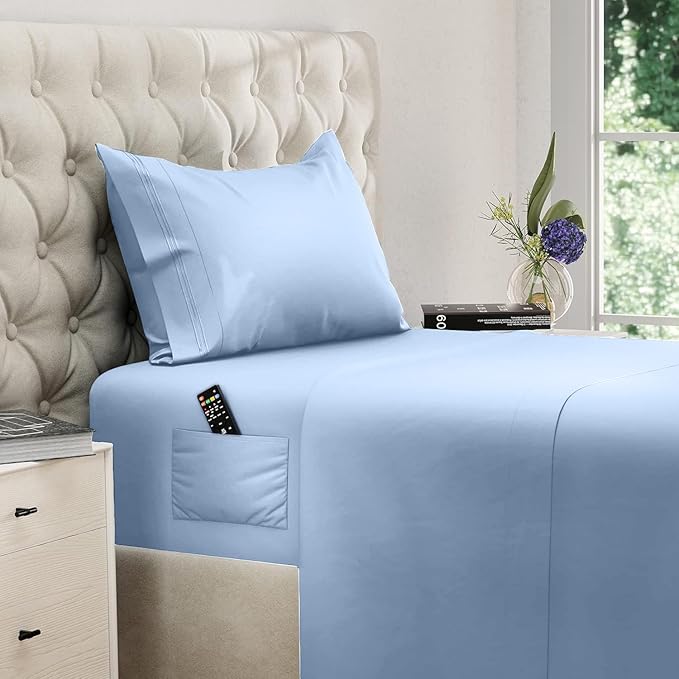 DREAMCARE Twin XL Sheet Sets – 3pcs Cooling Sheets – up to 21” Extra Deep Pocket Twin XL Sheets Set – Hotel Luxury Sheets & Pillowcases – Superior Softness 100% Fine Microfiber with Side Pocket – Blue
