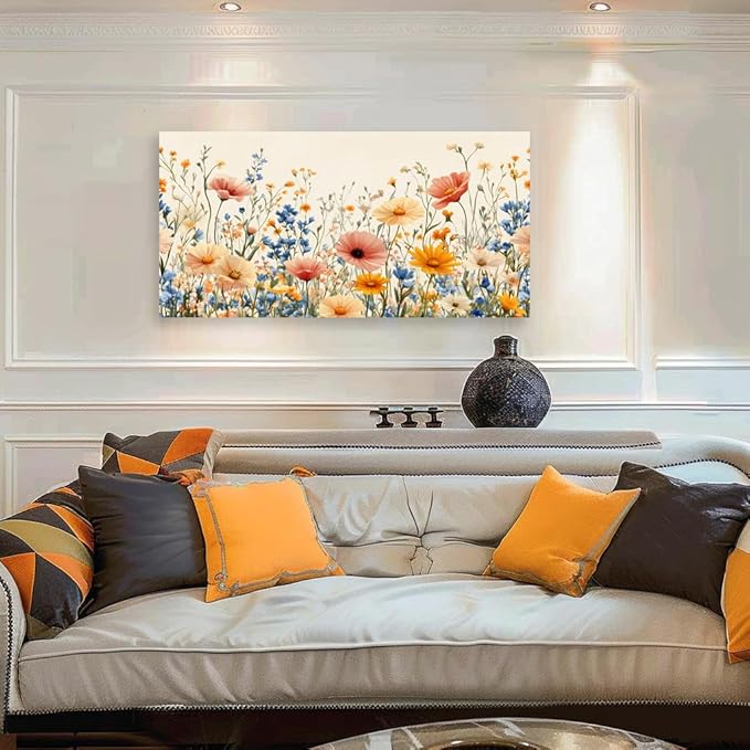 KZKU Floral Canvas Wall Art Wildflower Garden Print 20x40 inches Pink Yellow Blue Watercolor style Flower Picture for Bedroom Living Room Artwork Home Wall Decoration