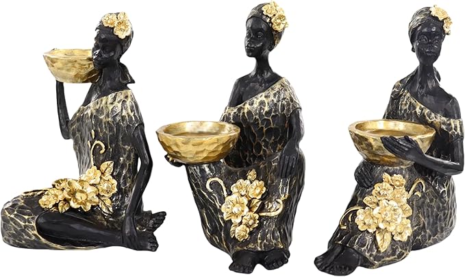 African Lady Candle Holder Set of 3 – Resin Figurines with Gold Bowls for Tea Light or Small Pillar Candles – Decorative African Women Statues for Home, Shelf, or Table Centerpiece