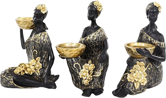 African Lady Candle Holder Set of 3 – Resin Figurines with Gold Bowls for Tea Light or Small Pillar Candles – Decorative African Women Statues for Home, Shelf, or Table Centerpiece