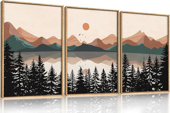 KAIRNE Boho Mountain Wall Art Set of 3-24x36 Inch Framed Canvas Prints, Mountain Lake Sunrise Landscape with Pine Trees, Mid Century Modern Nature Decor for Living Room, Bedroom, Home Office